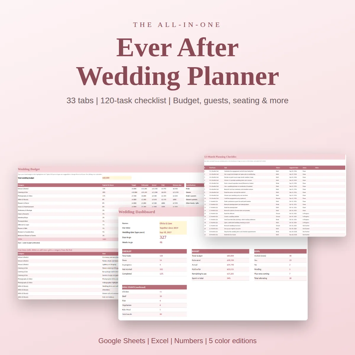 The Ever After Wedding Planner spreadsheet cover with a champagne and blush design