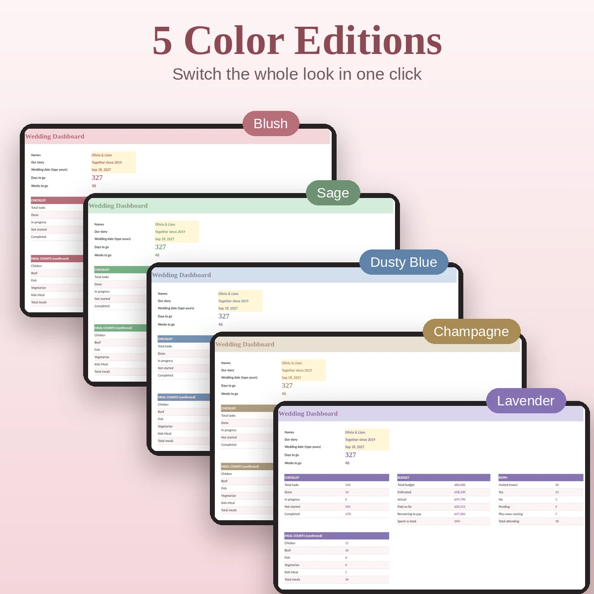 Five color versions of the Ever After Wedding Planner in blush, champagne, dusty blue, lavender and sage