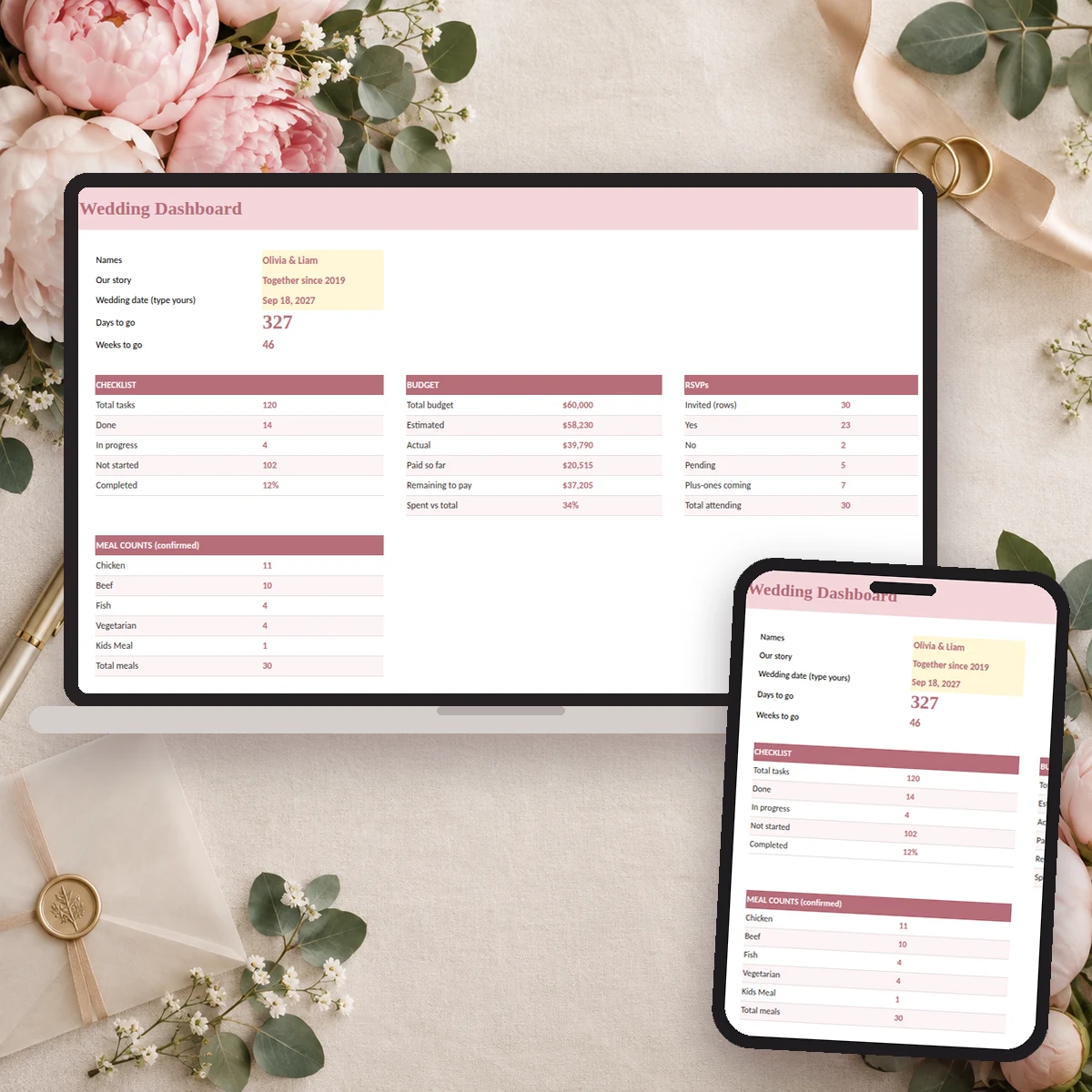 Wedding planner spreadsheet shown on a laptop and a phone with a soft blush color theme