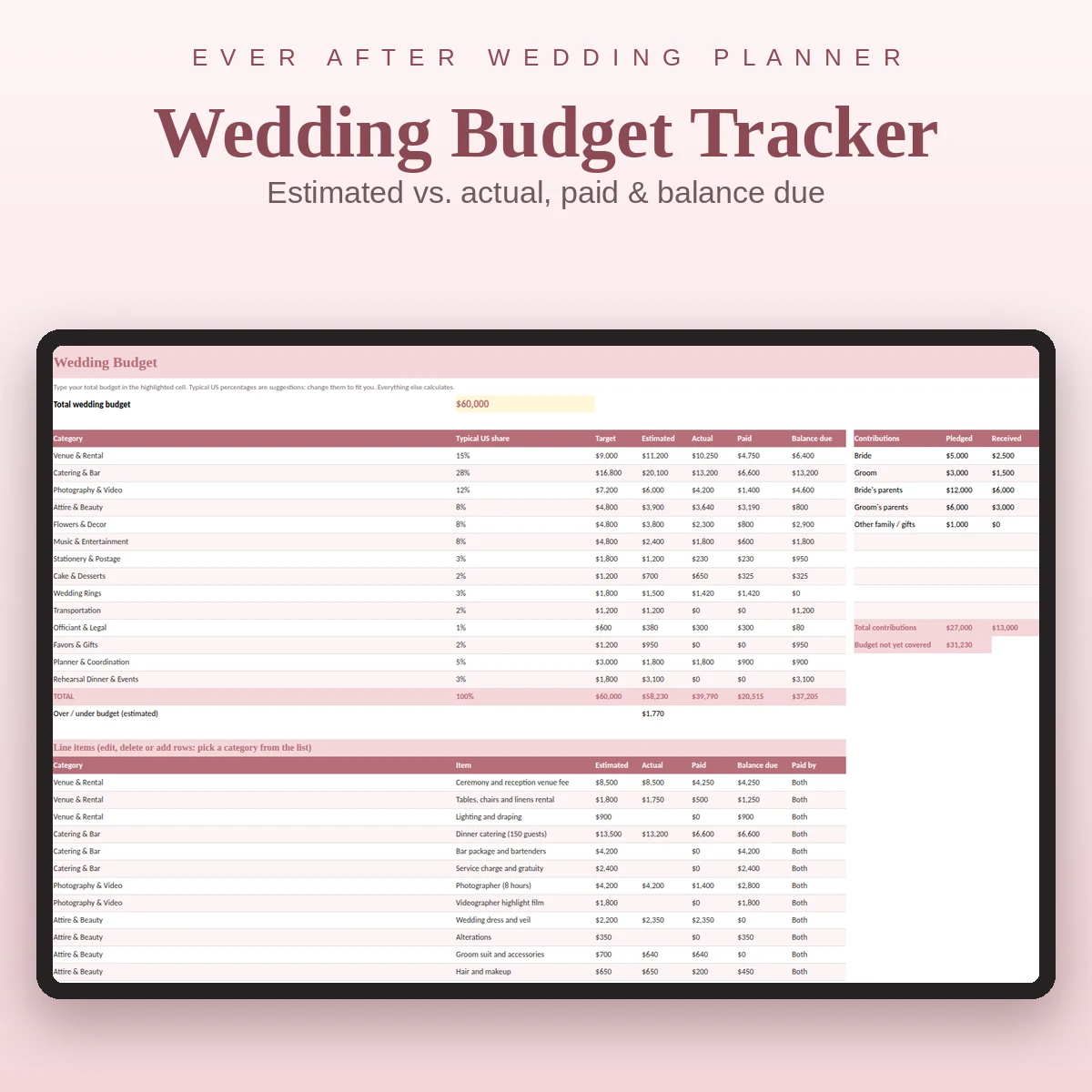 Wedding budget spreadsheet tab shown on a laptop with category totals and a payments list