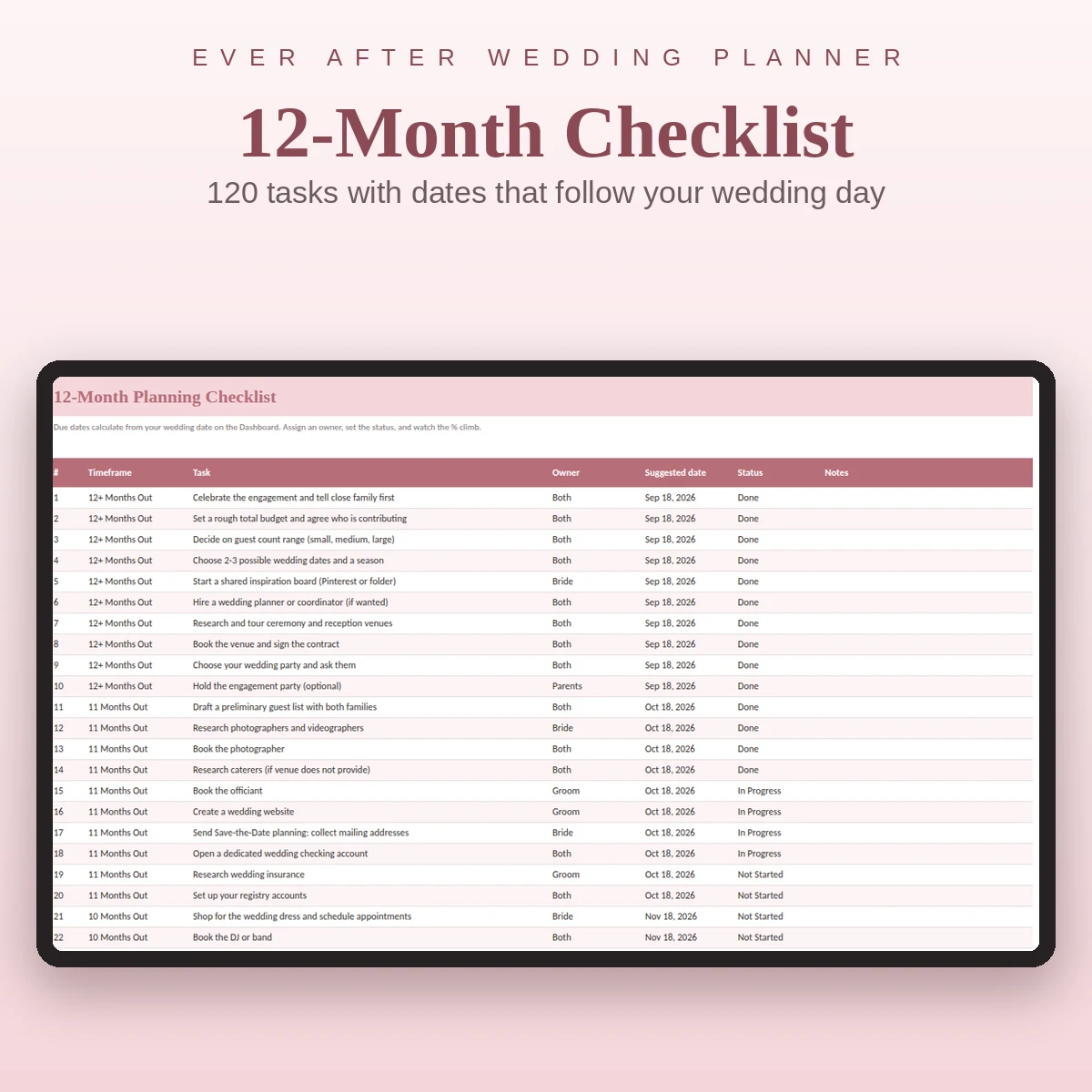 Wedding checklist shown on a laptop screen and as a printed page ready for a binder