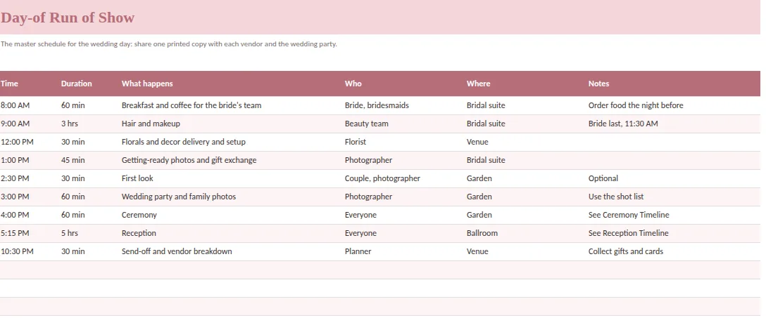 Wedding day run-of-show timeline page from the Ever After Wedding Planner